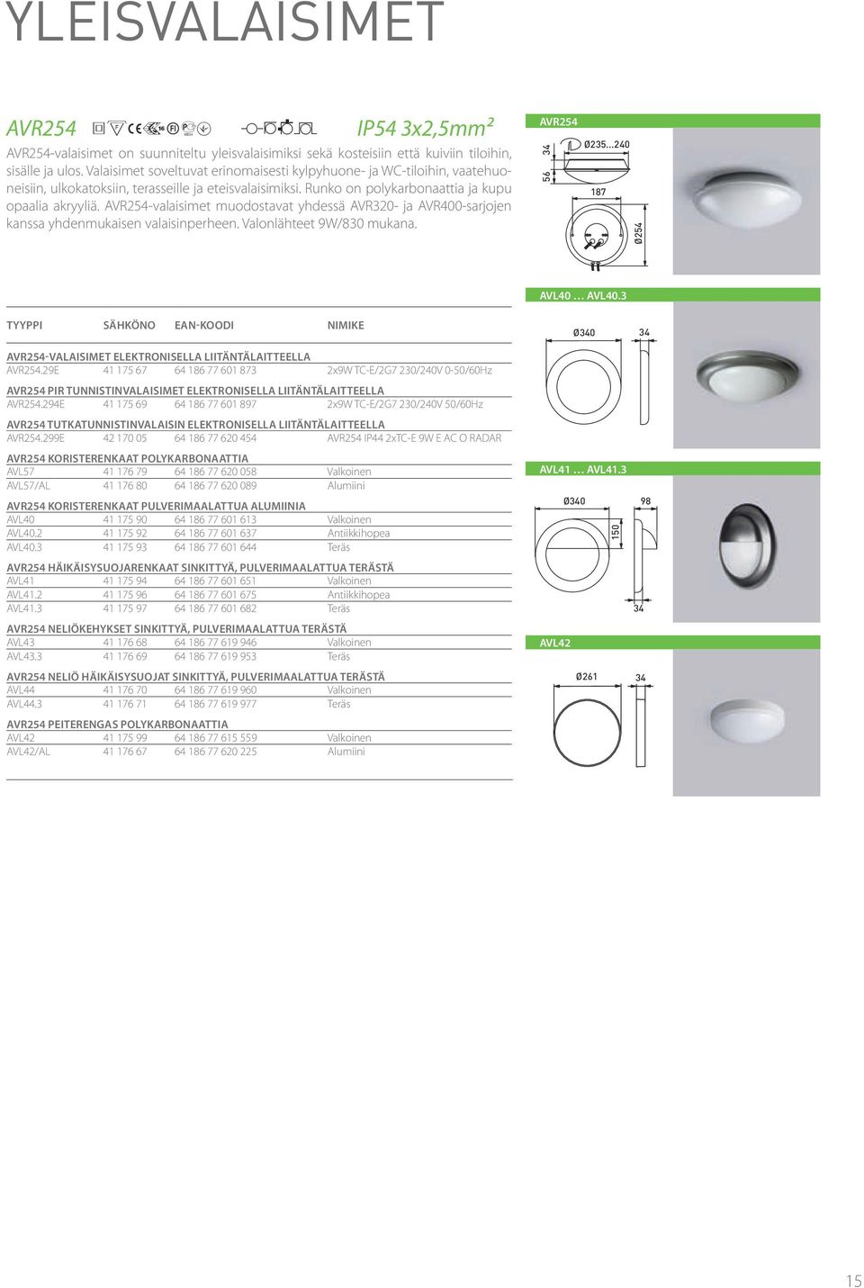 AVR254-valaisimet muodostavat yhdessä AVR320- ja AVR400-sarjojen kanssa yhdenmukaisen valaisinperheen. Valonlähteet 9W/830 mukana. AVR254 56 34 Ø235...240 187 Ø254 AVL40 AVL40.