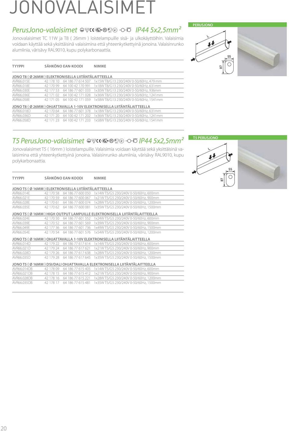 PERUSJONO L 55 87 jono T8 ( Ø 26MM ) ELEKTRONISELLA LIITÄNTÄLAITTEELLA AVR66.015E 42 178 10 64 186 77 614 507 1x15W T8/G13 230/240V 0-50/60Hz, 479 mm AVR66.