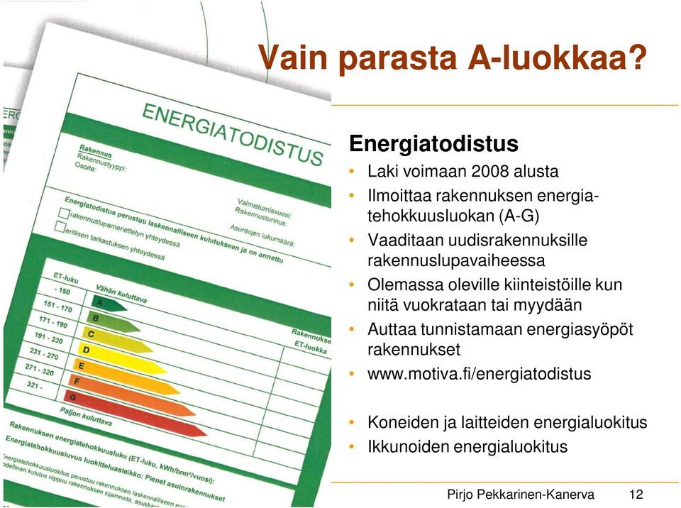Vaaditaan uudisrakennuksille rakennuslupavaiheessa Olemassa oleville kiinteistöille kun niitä