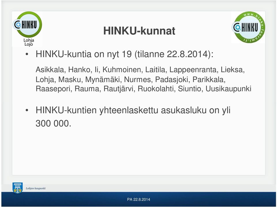 Lohja, Masku, Mynämäki, Nurmes, Padasjoki, Parikkala, Raasepori, Rauma,