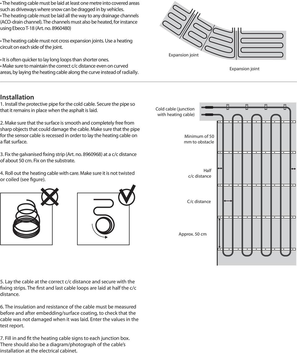 8960480) The heating cable must not cross expansion joints. Use a heating circuit on each side of the joint. It is often quicker to lay long loops than shorter ones.