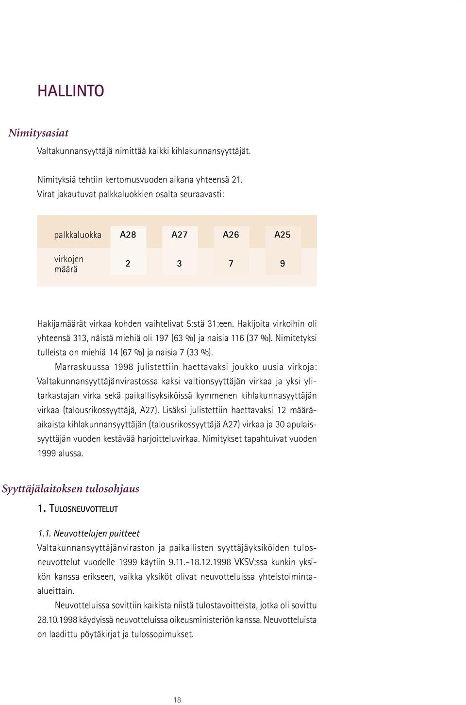 Hakijoita virkoihin oli yhteensä 313, näistä miehiä oli 197 (63 %) ja naisia 116 (37 %). Nimitetyksi tulleista on miehiä 14 (67 %) ja naisia 7 (33 %).