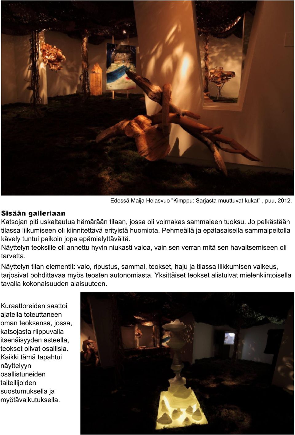 Näyttelyn teoksille oli annettu hyvin niukasti valoa, vain sen verran mitä sen havaitsemiseen oli tarvetta.