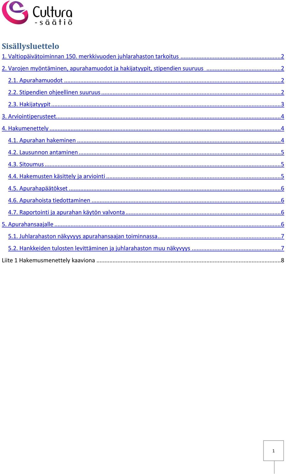 .. 5 4.4. Hakemusten käsittely ja arviointi... 5 4.5. Apurahapäätökset... 6 4.6. Apurahoista tiedottaminen... 6 4.7. Raportointi ja apurahan käytön valvonta... 6 5. Apurahansaajalle.