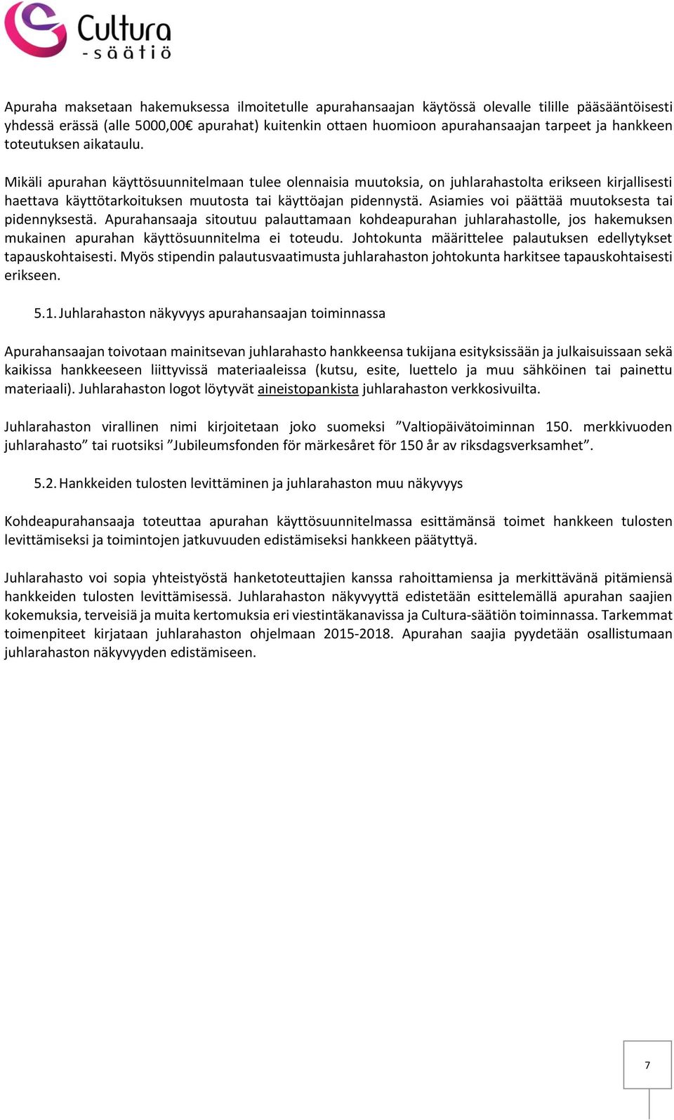 Mikäli apurahan käyttösuunnitelmaan tulee olennaisia muutoksia, on juhlarahastolta erikseen kirjallisesti haettava käyttötarkoituksen muutosta tai käyttöajan pidennystä.