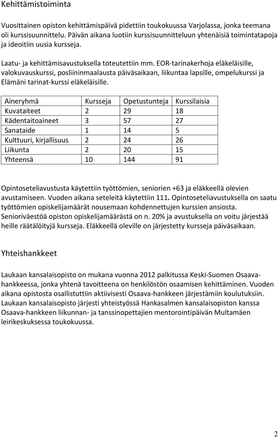 EOR-tarinakerhoja eläkeläisille, valokuvauskurssi, posliininmaalausta päiväsaikaan, liikuntaa lapsille, ompelukurssi ja Elämäni tarinat-kurssi eläkeläisille.