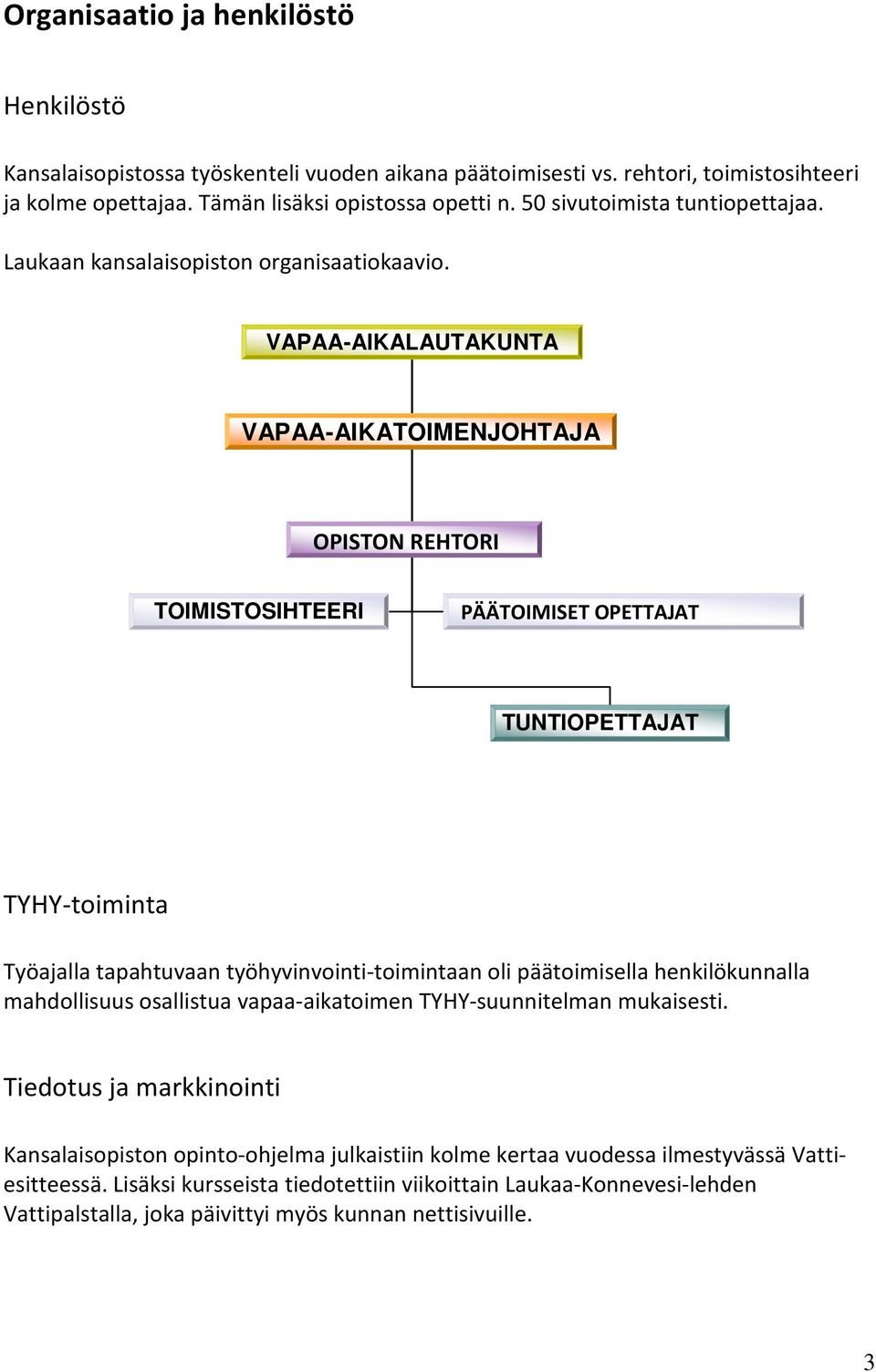 VAPAA-AIKALAUTAKUNTA VAPAA-AIKATOIMENJOHTAJA OPISTON REHTORI TOIMISTOSIHTEERI PÄÄTOIMISET OPETTAJAT TUNTIOPETTAJAT TYHY-toiminta Työajalla tapahtuvaan työhyvinvointi-toimintaan oli päätoimisella