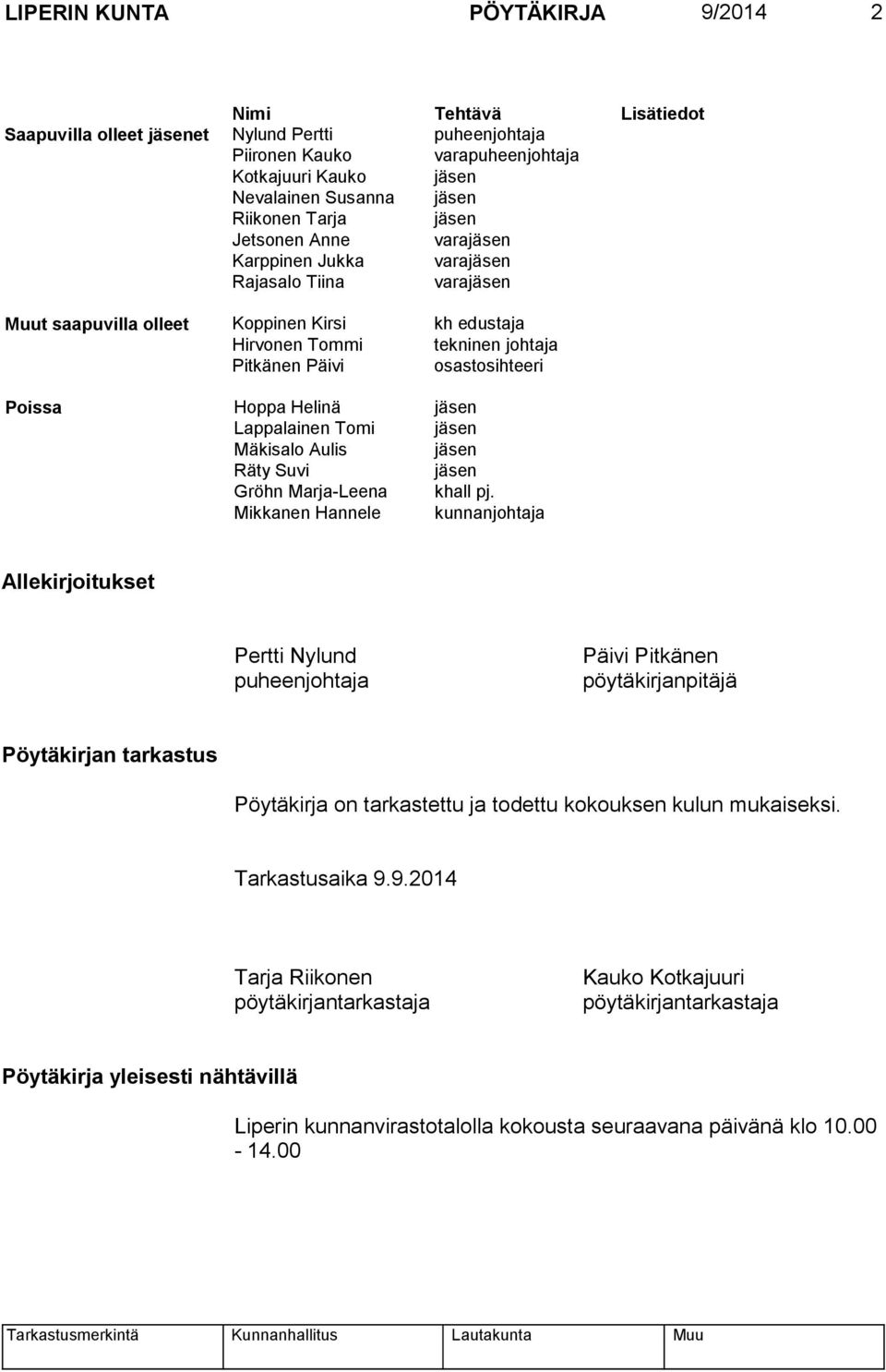 osastosihteeri Poissa Hoppa Helinä jäsen Lappalainen Tomi jäsen Mäkisalo Aulis jäsen Räty Suvi jäsen Gröhn Marja-Leena khall pj.