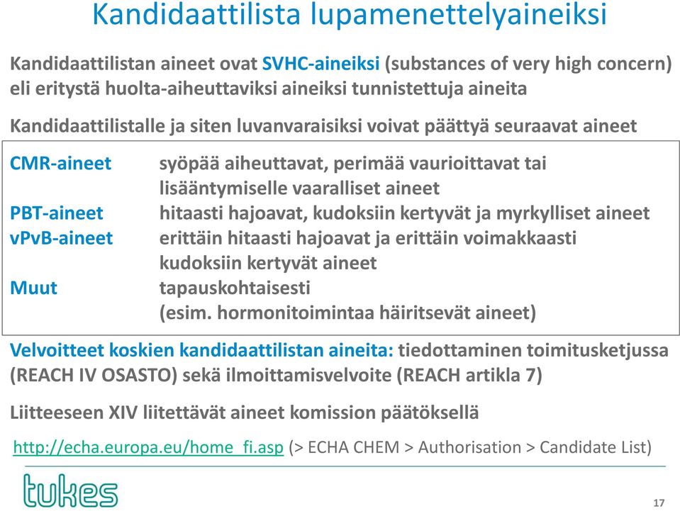 hitaasti hajoavat, kudoksiin kertyvät ja myrkylliset aineet erittäin hitaasti hajoavat ja erittäin voimakkaasti kudoksiin kertyvät aineet tapauskohtaisesti (esim.