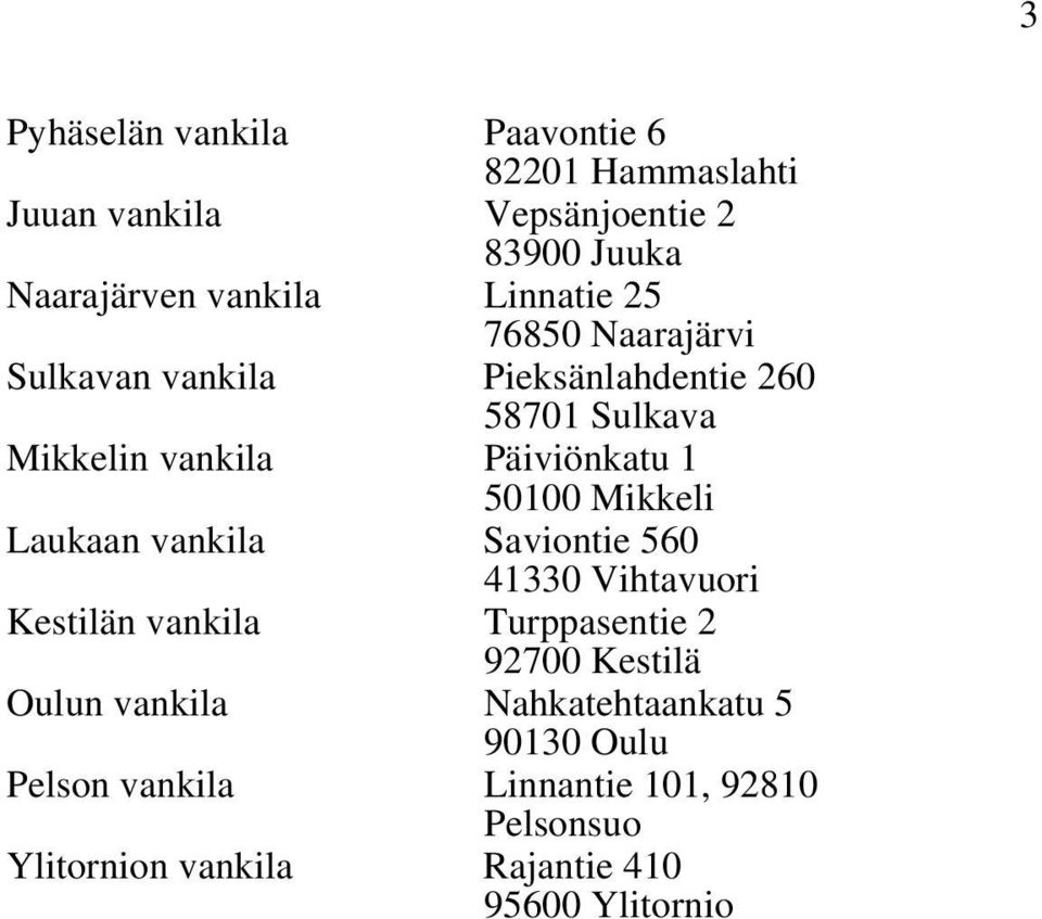 50100 Mikkeli Laukaan vankila Saviontie 560 41330 Vihtavuori Kestilän vankila Turppasentie 2 92700 Kestilä Oulun