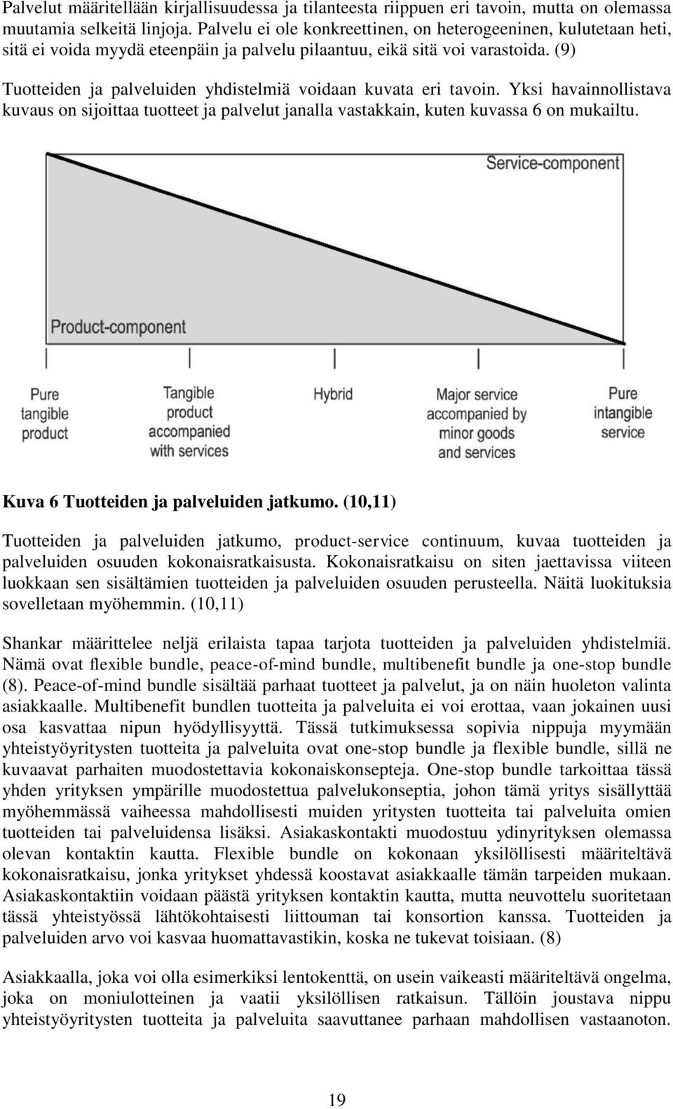 (9) Tuotteiden ja palveluiden yhdistelmiä voidaan kuvata eri tavoin. Yksi havainnollistava kuvaus on sijoittaa tuotteet ja palvelut janalla vastakkain, kuten kuvassa 6 on mukailtu.