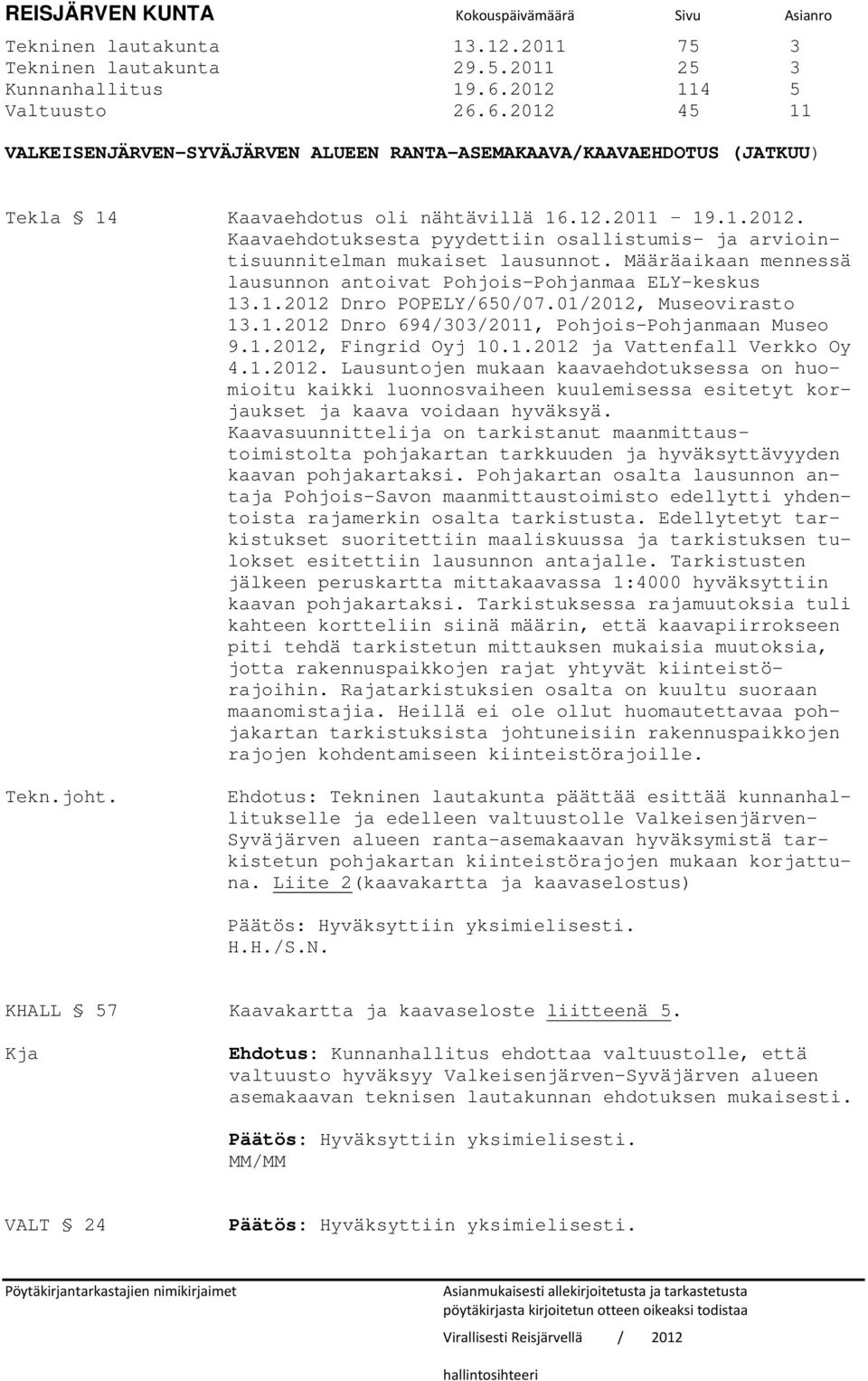 Määräaikaan mennessä lausunnon antoivat Pohjois-Pohjanmaa ELY-keskus 13.1.2012 Dnro POPELY/650/07.01/2012, Museovirasto 13.1.2012 Dnro 694/303/2011, Pohjois-Pohjanmaan Museo 9.1.2012, Fingrid Oyj 10.