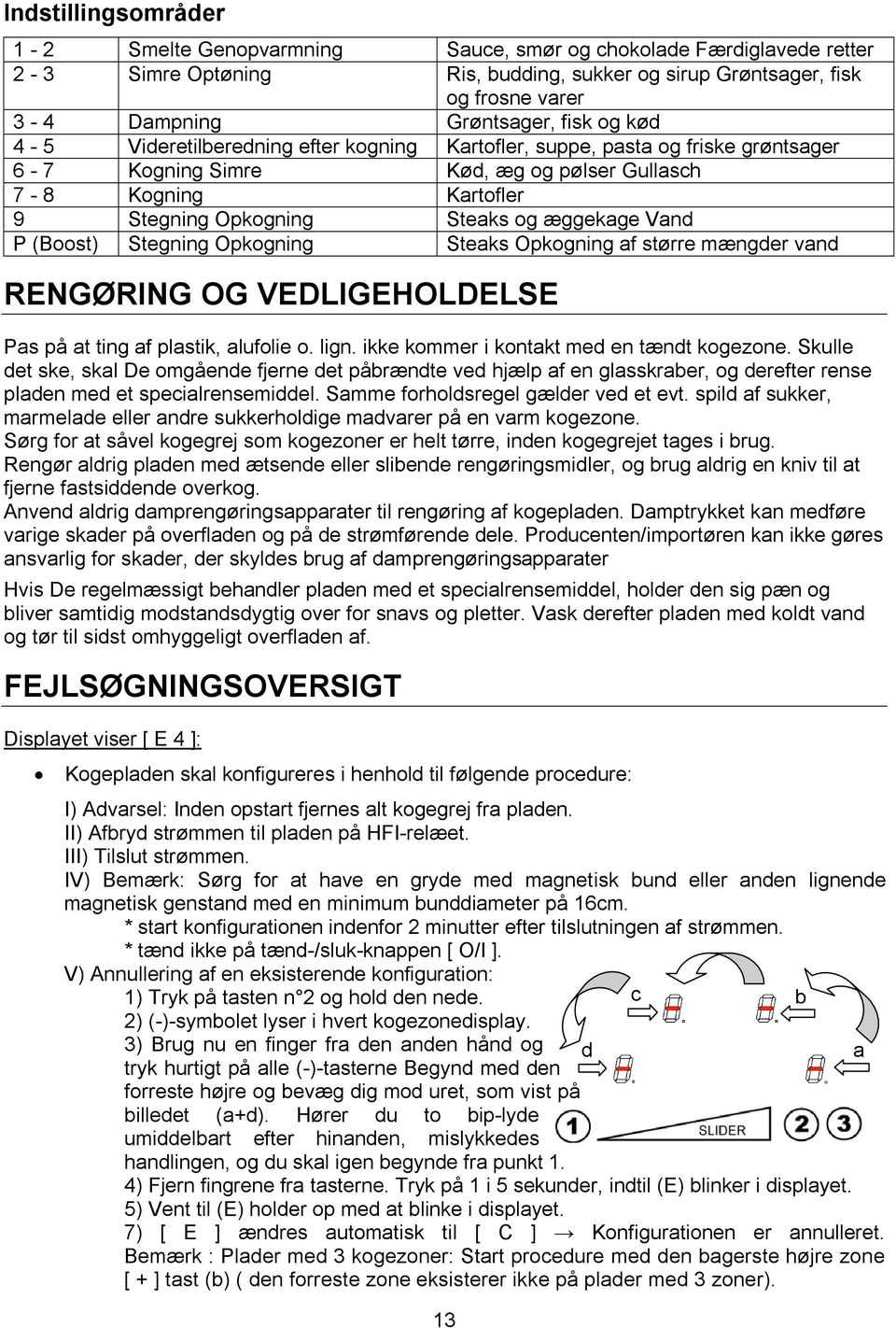 æggekage Vand P (Boost) Stegning Opkogning Steaks Opkogning af større mængder vand RENGØRING OG VEDLIGEHOLDELSE Pas på at ting af plastik, alufolie o. lign.