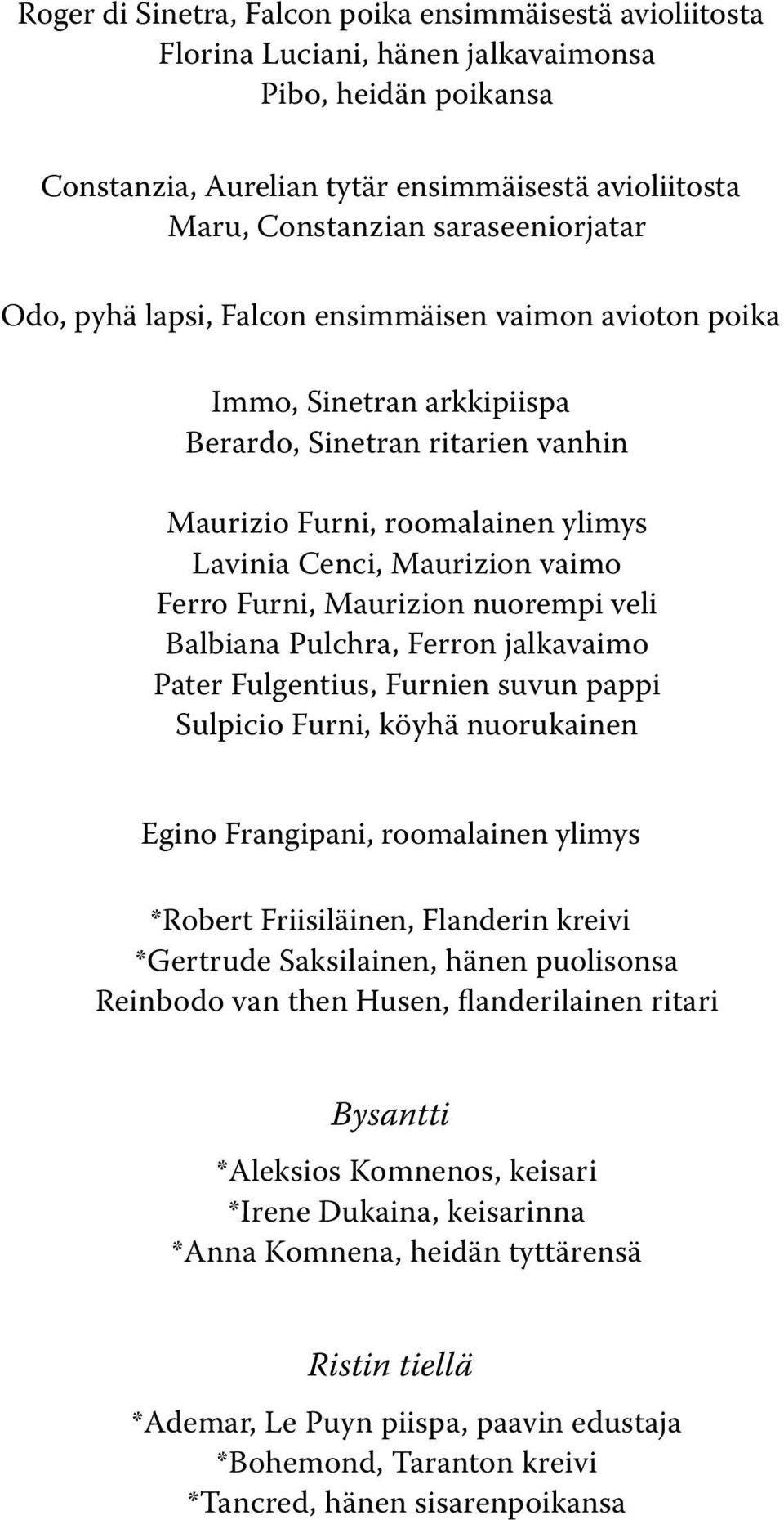 vaimo Ferro Furni, Maurizion nuorempi veli Balbiana Pulchra, Ferron jalkavaimo Pater Fulgentius, Furnien suvun pappi Sulpicio Furni, köyhä nuorukainen Egino Frangipani, roomalainen ylimys *Robert