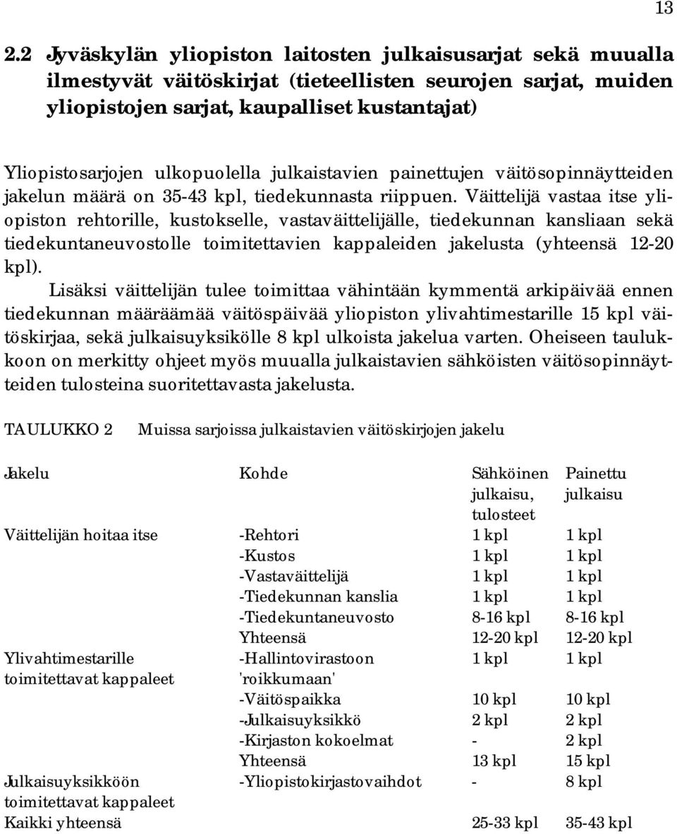 Väittelijä vastaa itse yliopiston rehtorille, kustokselle, vastaväittelijälle, tiedekunnan kansliaan sekä tiedekuntaneuvostolle toimitettavien kappaleiden jakelusta (yhteensä 12-20 kpl).