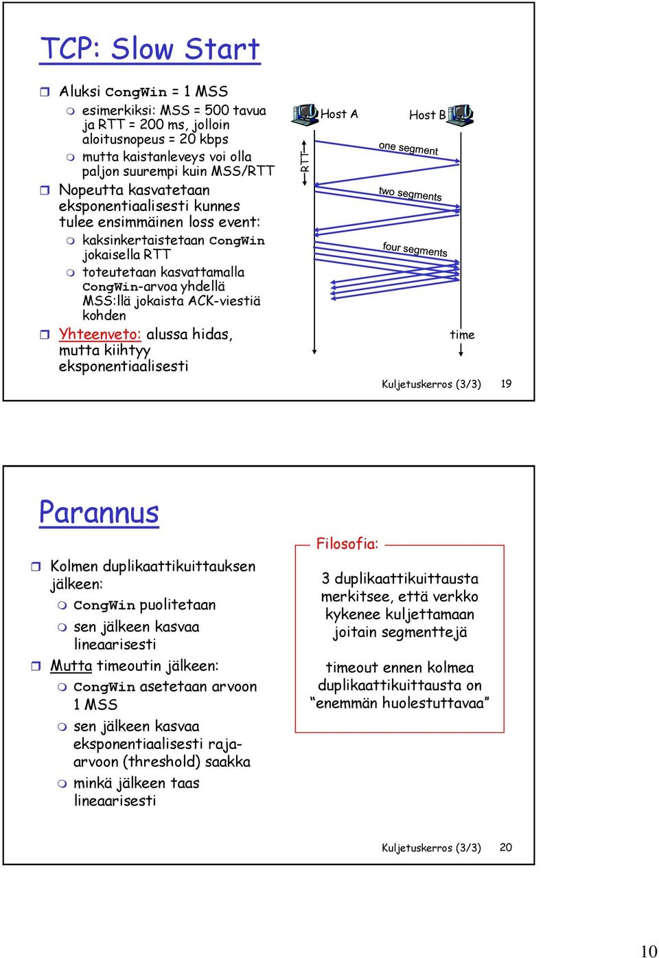 alussa hidas, mutta kiihtyy eksponentiaalisesti Host A Host B time Kuljetuskerros (3/3) 19 Parannus Kolmen duplikaattikuittauksen jälkeen: CongWin puolitetaan sen jälkeen kasvaa lineaarisesti Mutta