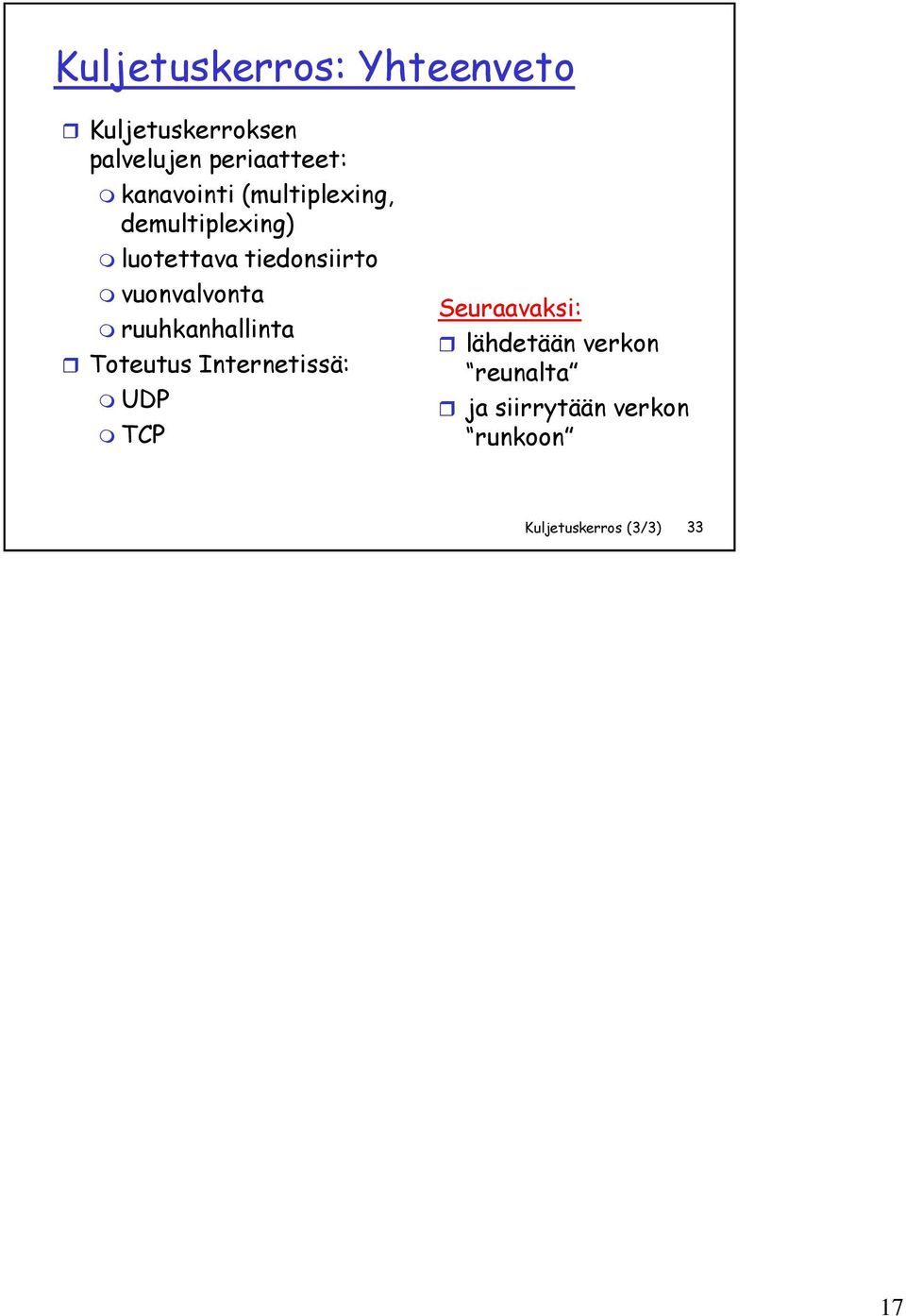 vuonvalvonta ruuhkanhallinta Toteutus Internetissä: UDP TCP Seuraavaksi: