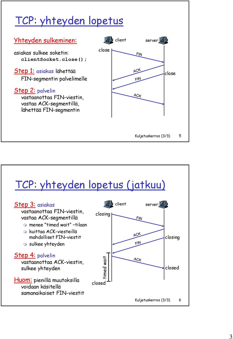 Kuljetuskerros (3/3) 5 TCP: yhteyden lopetus (jatkuu) Step 3: asiakas vastaanottaa FIN-viestin, vastaa ACK-segmentillä closing client server menee timed wait tilaan