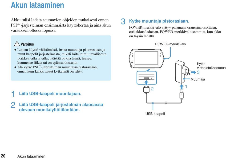 Varoitus Lopeta käyttö välittömästi, irrota muuntaja pistorasiasta ja muut kaapelit järjestelmästä, mikäli laite toimii tavallisesta poikkeavalla tavalla, päästää outoja ääniä, haisee, kuumenee