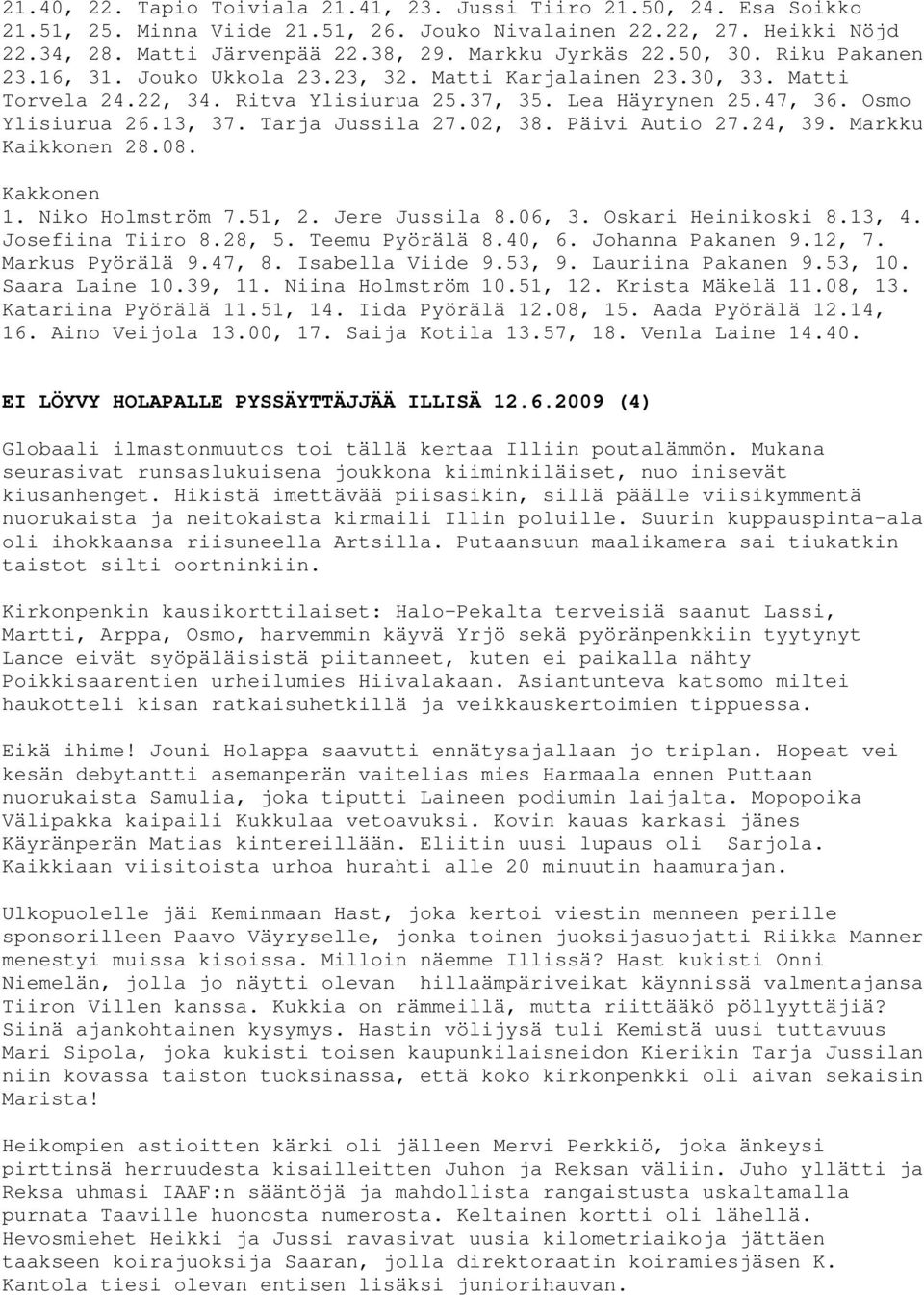 Tarja Jussila 27.02, 38. Päivi Autio 27.24, 39. Markku Kaikkonen 28.08. 1. Niko Holmström 7.51, 2. Jere Jussila 8.06, 3. Oskari Heinikoski 8.13, 4. Josefiina Tiiro 8.28, 5. Teemu Pyörälä 8.40, 6.