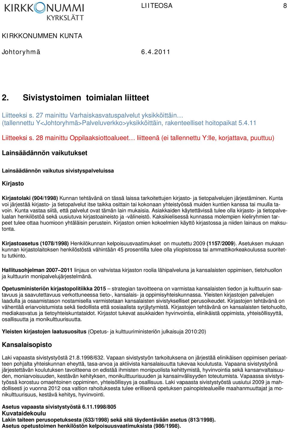 28 mainittu Oppilaaksiottoalueet liitteenä (ei tallennettu Y:lle, korjattava, puuttuu) Lainsäädännön vaikutukset Lainsäädännön vaikutus sivistyspalveluissa Kirjasto Kirjastolaki (904/1998) Kunnan