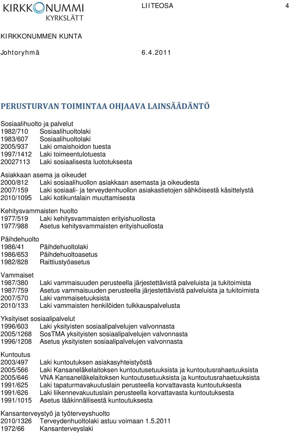 asiakastietojen sähköisestä käsittelystä 2010/1095 Laki kotikuntalain muuttamisesta Kehitysvammaisten huolto 1977/519 Laki kehitysvammaisten erityishuollosta 1977/988 Asetus kehitysvammaisten