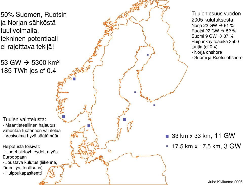 4) - Norja onshore - Suomi ja Ruotsi offshore Tuulen vaihtelusta: - Maantieteellinen hajautus vähentää tuotannon vaihtelua - Vesivoima hyvä säätämään