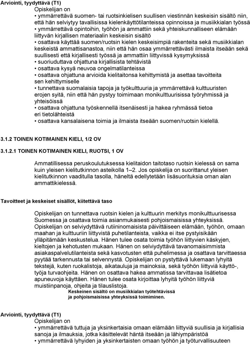 musiikkialan keskeistä ammattisanastoa, niin että hän osaa ymmärrettävästi ilmaista itseään sekä suullisesti että kirjallisesti työssä ja ammattiin liittyvissä kysymyksissä suoriuduttava ohjattuna