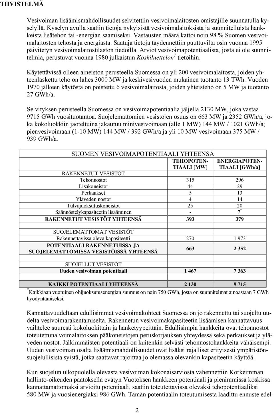 Vastausten määrä kattoi noin 98 % Suomen vesivoimalaitosten tehosta ja energiasta. Saatuja tietoja täydennettiin puuttuvilta osin vuonna 1995 päivitetyn vesivoimalaitostilaston tiedoilla.