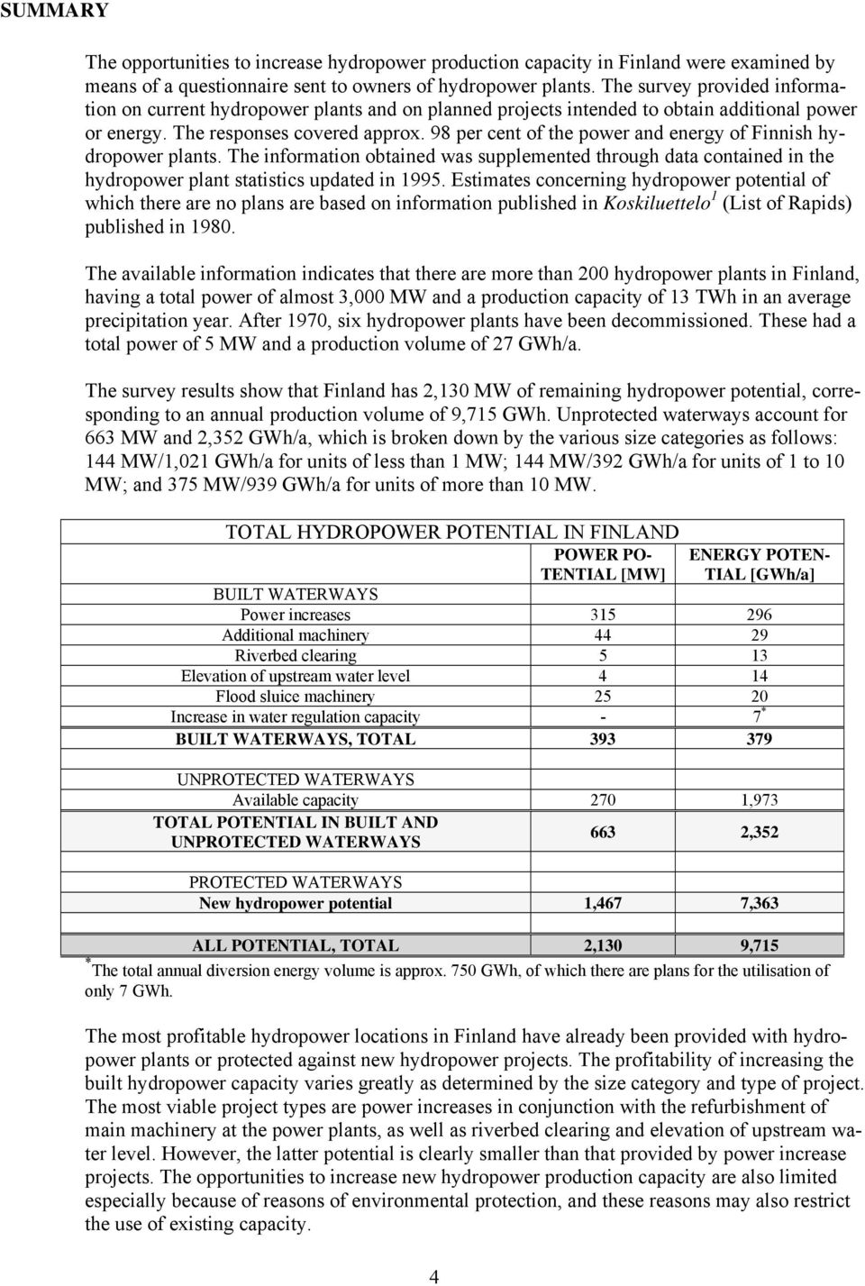 98 per cent of the power and energy of Finnish hydropower plants. The information obtained was supplemented through data contained in the hydropower plant statistics updated in 1995.