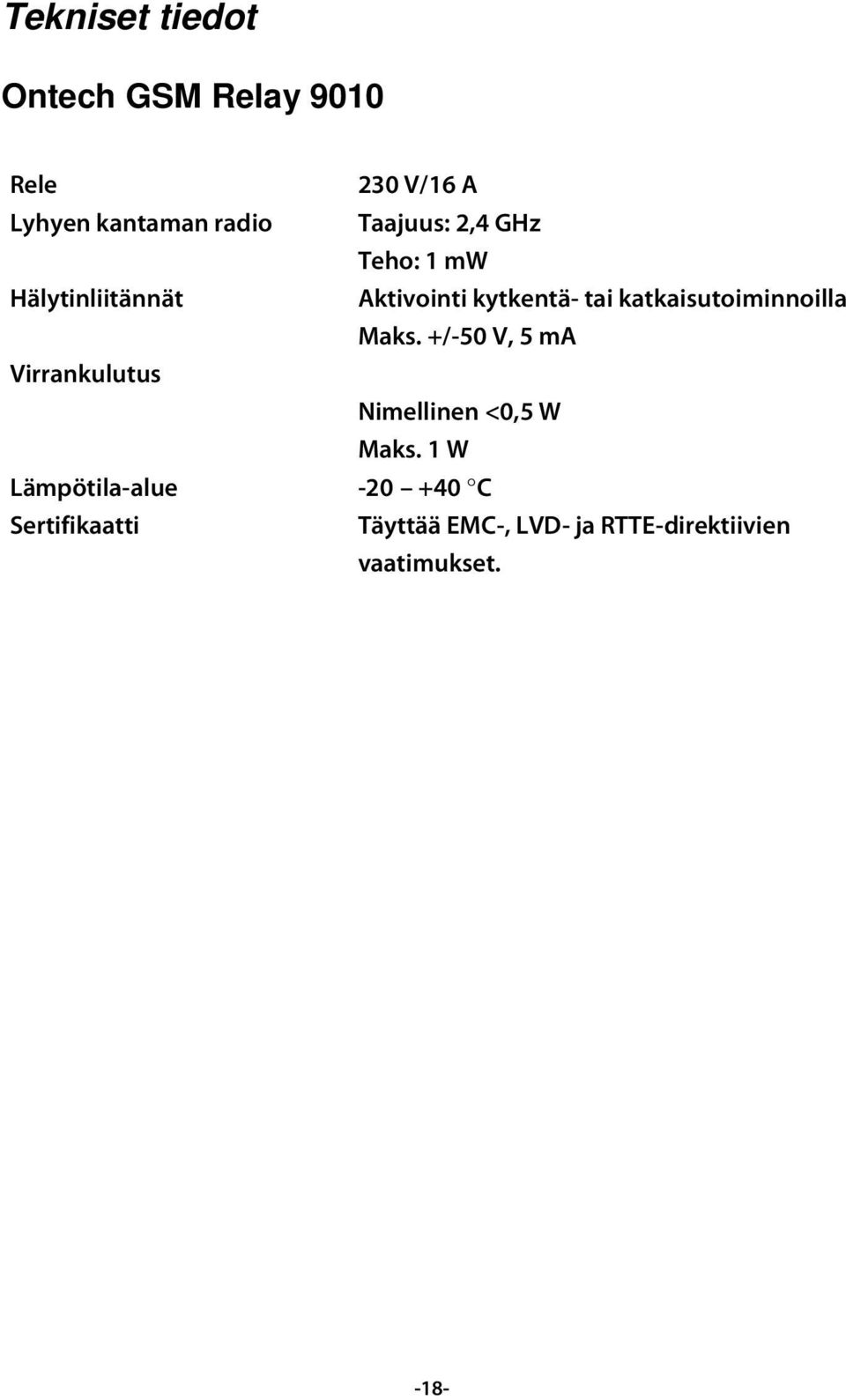 katkaisutoiminnoilla Maks. +/-50 V, 5 ma Virrankulutus Nimellinen <0,5 W Maks.