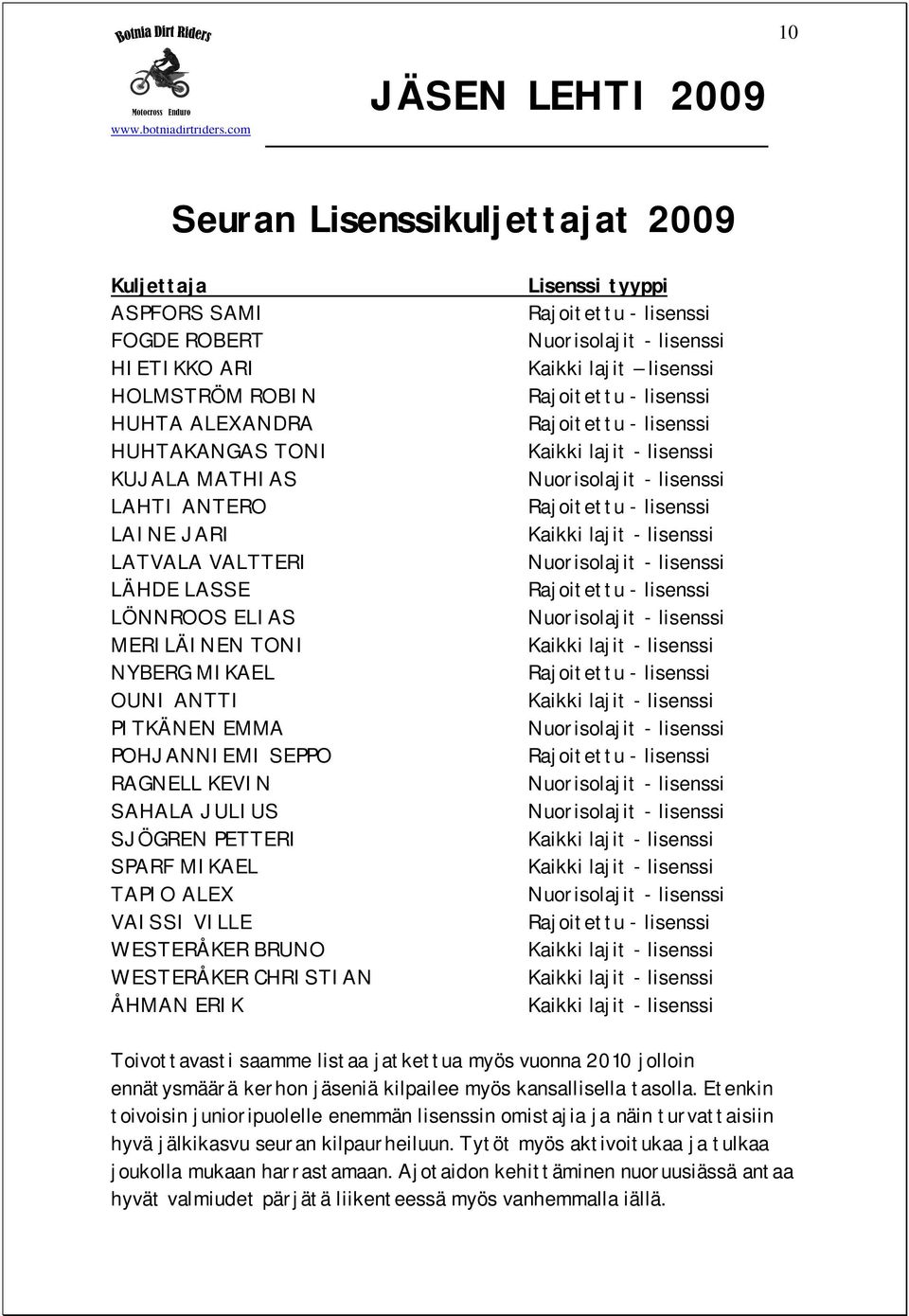 WESTERÅKER CHRISTIAN ÅHMAN ERIK Lisenssi tyyppi Kaikki lajit lisenssi Toivottavasti saamme listaa jatkettua myös vuonna 2010 jolloin ennätysmäärä kerhon jäseniä kilpailee myös kansallisella tasolla.