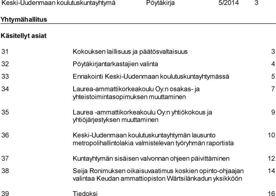 yhtiökokous ja yhtiöjärjestyksen muuttaminen 36 Keski-Uudenmaan koulutuskuntayhtymän lausunto metropolihallintolakia valmistelevan työryhmän raportista 7 9 10 37