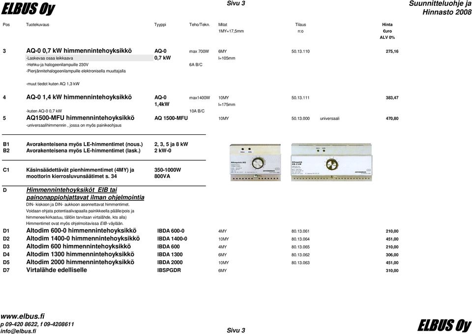 himmennintehoyksikkö AQ-0 max1400w 10MY 50.13.111 383,47 1,4kW l=175mm -kuten AQ-0 0,7 kw 10A B/C 5 AQ1500-MFU himmennintehoyksikkö AQ 1500-MFU 10MY 50.13.000 universaali 470,80 -universaalihimmennin, jossa on myös painikeohjaus B1 Avorakenteisena myös LE-himmentimet (nous.