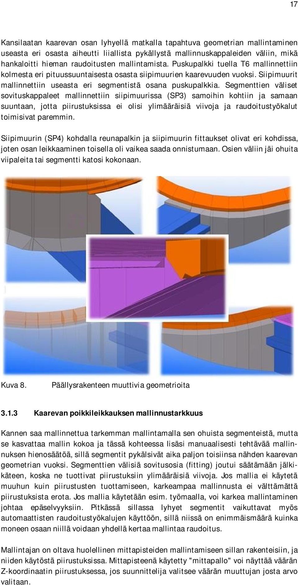 Segmenttien väliset sovituskappaleet mallinnettiin siipimuurissa (SP3) samoihin kohtiin ja samaan suuntaan, jotta piirustuksissa ei olisi ylimääräisiä viivoja ja raudoitustyökalut toimisivat paremmin.