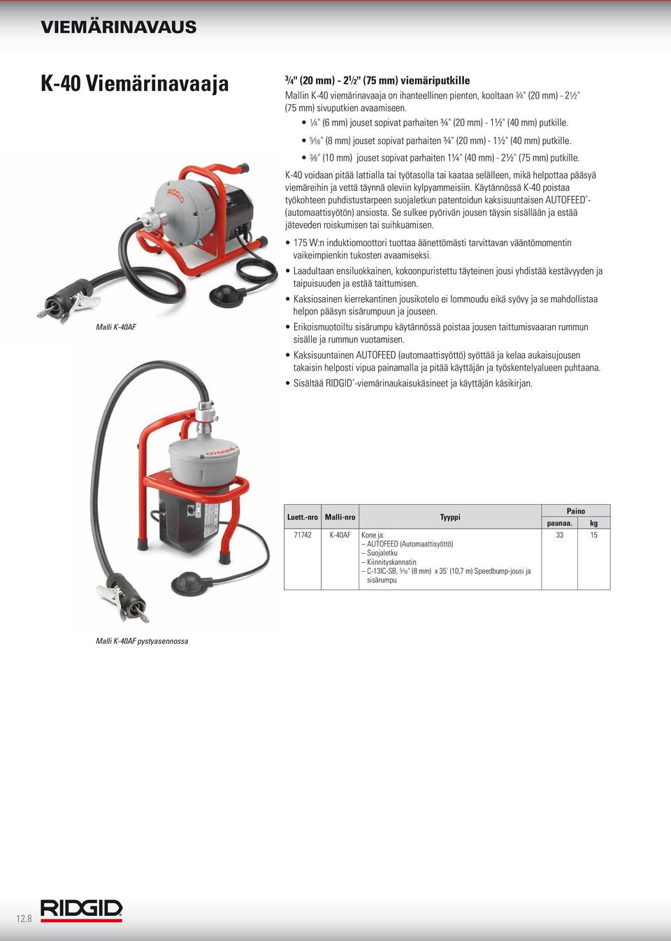 8" (0 mm) jouset sopivat parhaiten ¼" (40 mm) - 2½" (75 mm) putkille.