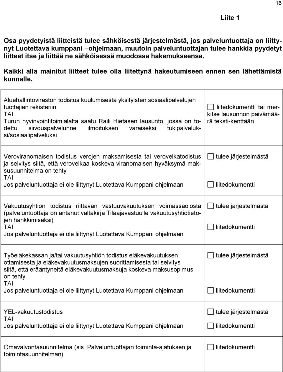 Aluehallintoviraston todistus kuulumisesta yksityisten sosiaalipalvelujen tuottajien rekisteriin TAI Turun hyvinvointitoimialalta saatu Raili Hietasen lausunto, jossa on todettu siivouspalvelunne