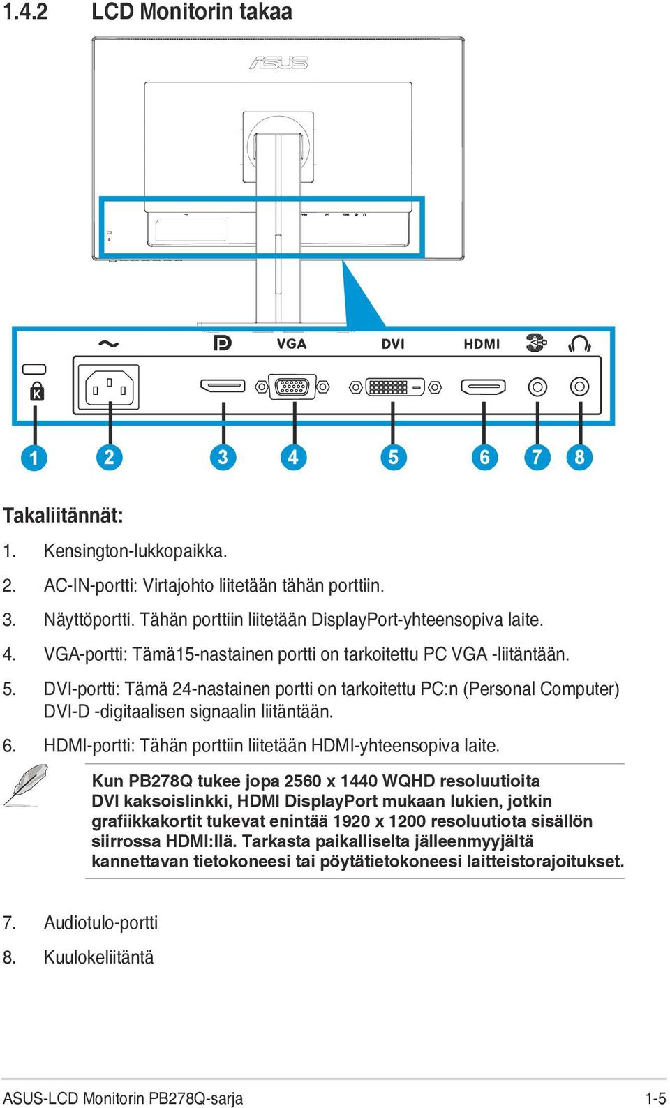 DVI-portti: Tämä 24-nastainen portti on tarkoitettu PC:n (Personal Computer) DVI-D -digitaalisen signaalin liitäntään. 6. HDMI-portti: Tähän porttiin liitetään HDMI-yhteensopiva laite.