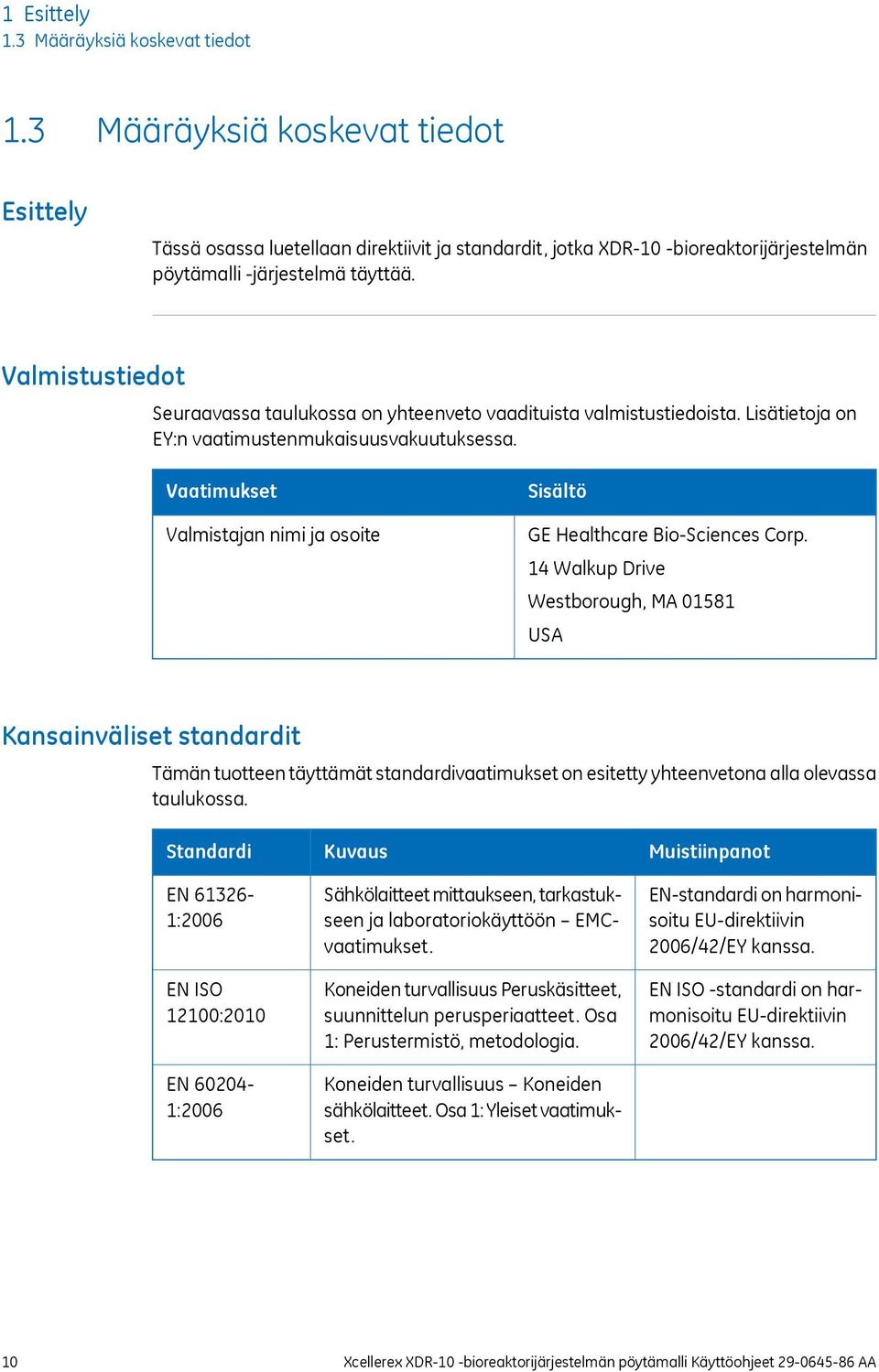 Valmistustiedot Seuraavassa taulukossa on yhteenveto vaadituista valmistustiedoista. Lisätietoja on EY:n vaatimustenmukaisuusvakuutuksessa.