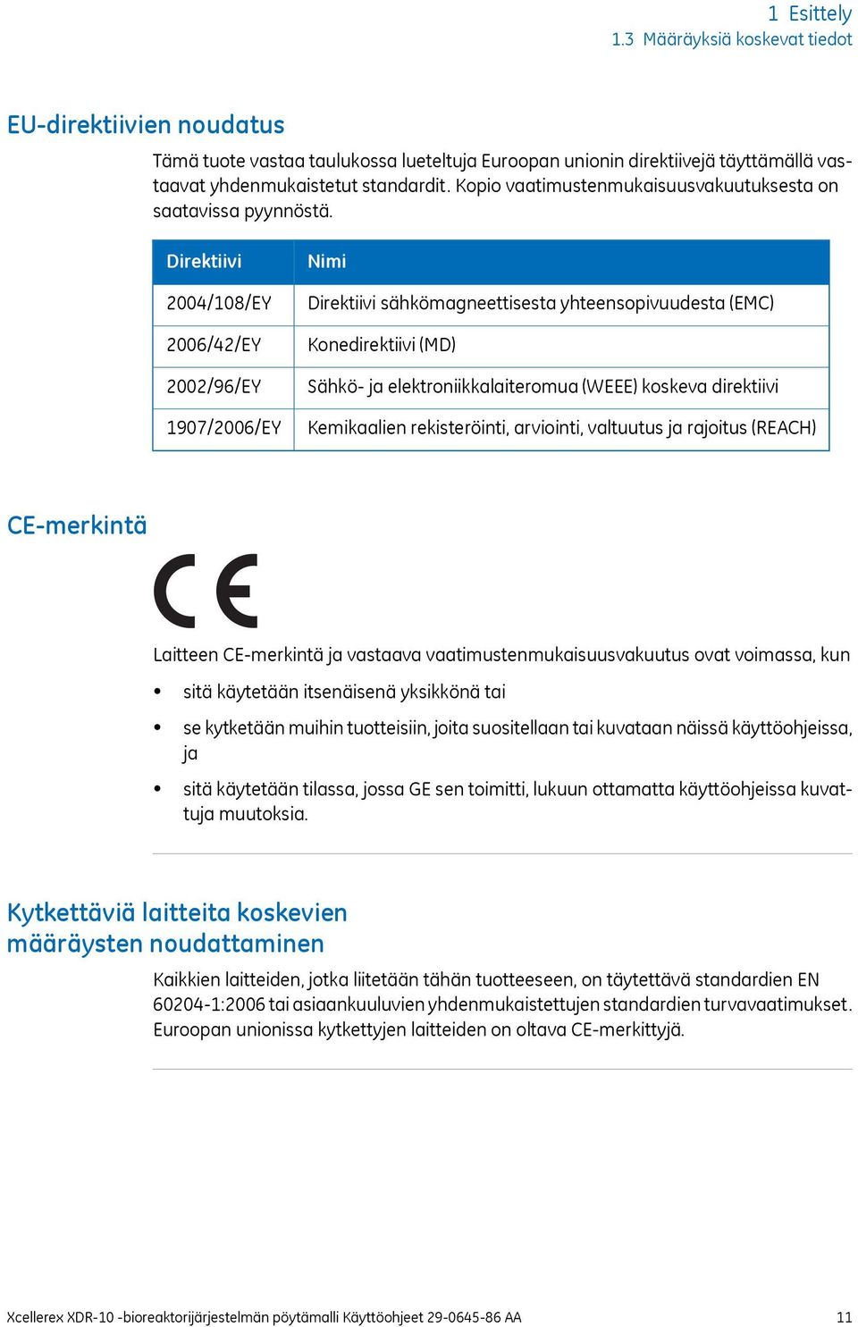 Direktiivi 2004/108/EY 2006/42/EY 2002/96/EY 1907/2006/EY Nimi Direktiivi sähkömagneettisesta yhteensopivuudesta (EMC) Konedirektiivi (MD) Sähkö- ja elektroniikkalaiteromua (WEEE) koskeva direktiivi