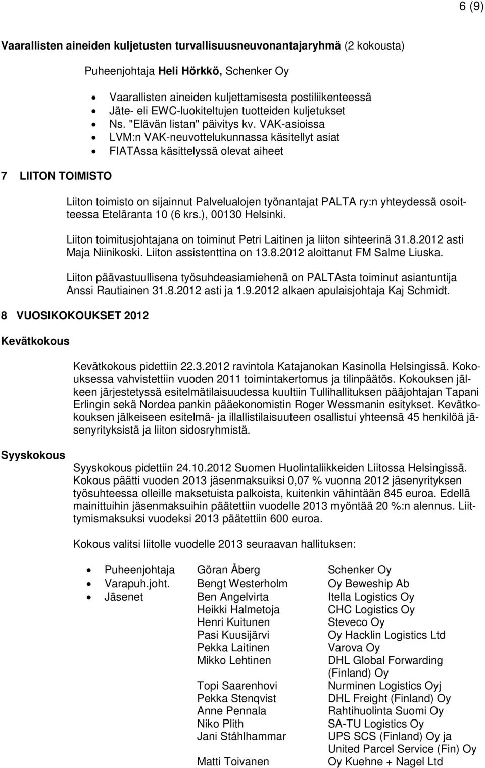 VAK-asioissa LVM:n VAK-neuvottelukunnassa käsitellyt asiat FIATAssa käsittelyssä olevat aiheet Liiton toimisto on sijainnut Palvelualojen työnantajat PALTA ry:n yhteydessä osoitteessa Eteläranta 10