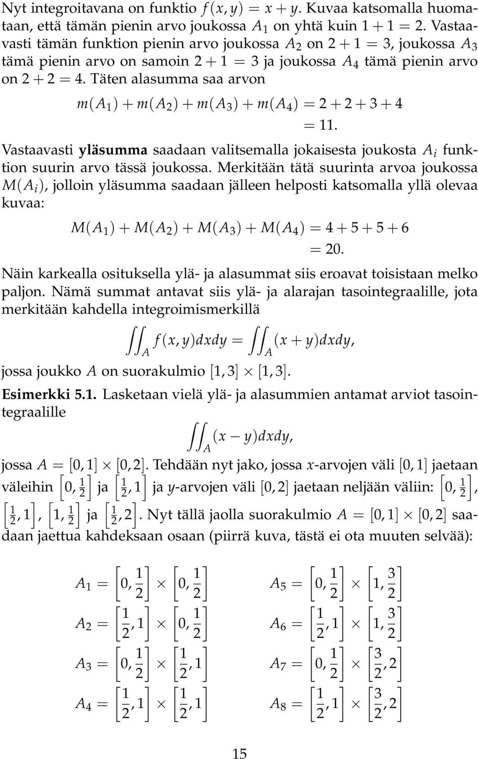 Täten lsumm s rvon m(a ) + m(a ) + m(a 3 ) + m(a 4 ) = + + 3 + 4 =. Vstvsti yläsumm sdn vlitsemll jokisest joukost A i funktion suurin rvo tässä joukoss.