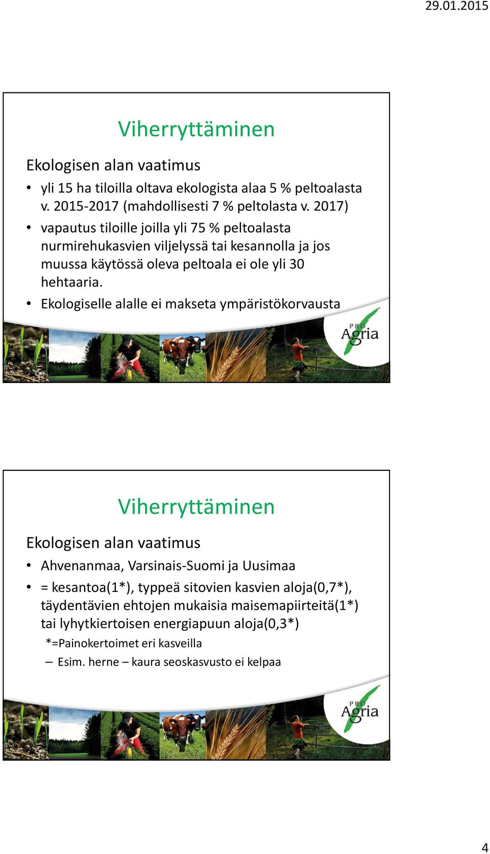 Ekologiselle alalle ei makseta ympäristökorvausta Viherryttäminen Ekologisen alan vaatimus Ahvenanmaa, Varsinais-Suomi ja Uusimaa = kesantoa(1*), typpeä sitovien