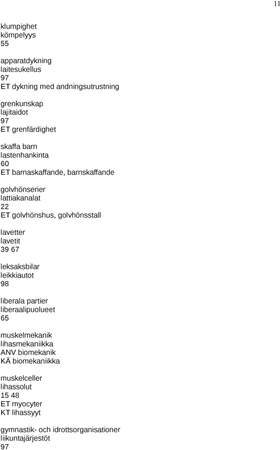 golvhönsstall lavetter lavetit 39 67 leksaksbilar leikkiautot 98 liberala partier liberaalipuolueet 65 muskelmekanik