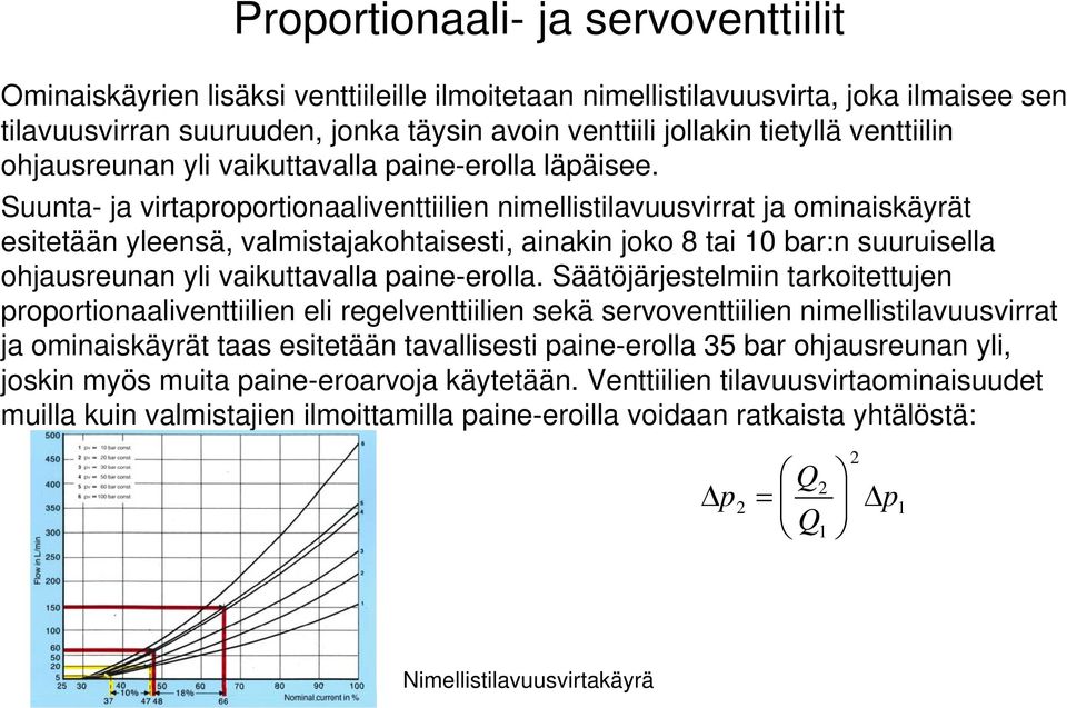 Suunta- ja virtaproportionaaliventtiilien nimellistilavuusvirrat ja ominaiskäyrät esitetään yleensä, valmistajakohtaisesti, ainakin joko 8 tai 10 bar:n suuruisella ohjausreunan yli vaikuttavalla