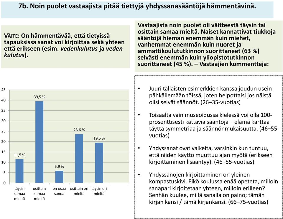 Naiset kannattivat tiukkoja sääntöjä hieman enemmän kuin miehet, vanhemmat enemmän kuin nuoret ja ammattikoulututkinnon suorittaneet (63 %) selvästi enemmän kuin yliopistotutkinnon suorittaneet (45