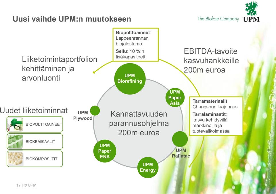 liiketoiminnat BIOPOLTTOAINEET BIOKEMIKAALIT BIOKOMPOSIITIT Plywood Paper ENA Kannattavuuden parannusohjelma 200m