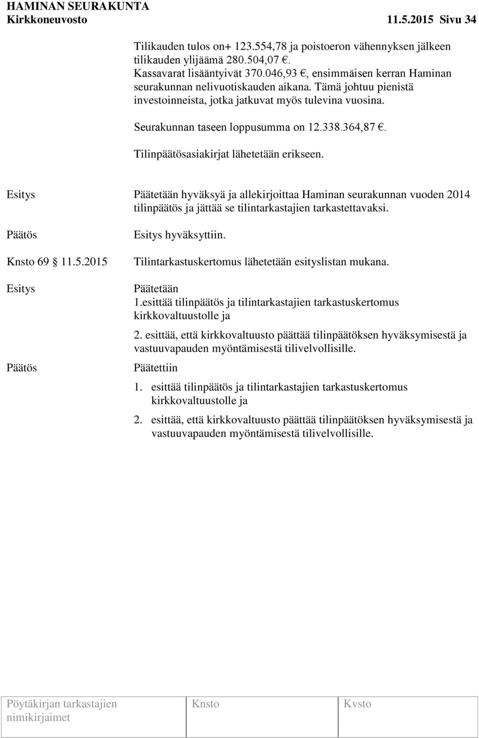 Tilinpäätösasiakirjat lähetetään erikseen. Päätetään hyväksyä ja allekirjoittaa Haminan seurakunnan vuoden 2014 tilinpäätös ja jättää se tilintarkastajien tarkastettavaksi. 69 11.5.2015 hyväksyttiin.