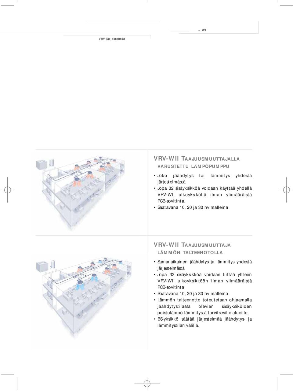 Saatavana 10, 20 ja 30 hv malleina VRV-WII TAAJUUSMUUTTAJA LÄMMÖN TALTEENOTOLLA Samanaikainen jäähdytys ja lämmitys yhdestä järjestelmästä Jopa 32 sisäyksikköä voidaan