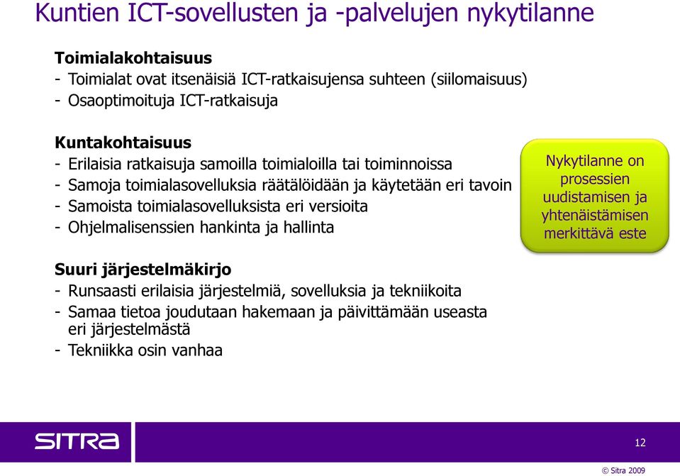 Samoista toimialasovelluksista eri versioita - Ohjelmalisenssien hankinta ja hallinta Nykytilanne on prosessien uudistamisen ja yhtenäistämisen merkittävä este Suuri